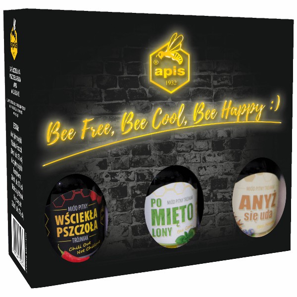 Miód pitny zestaw kraftowy "Bee Free, Bee Cool, Bee Happy" 3x0,25l